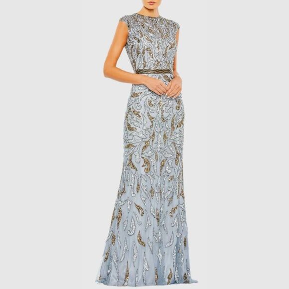 Mac Duggal 5532 Size 14 Blue Gold Beaded Sequined Column Gown Long Maxi Dress - Picture 3 of 6